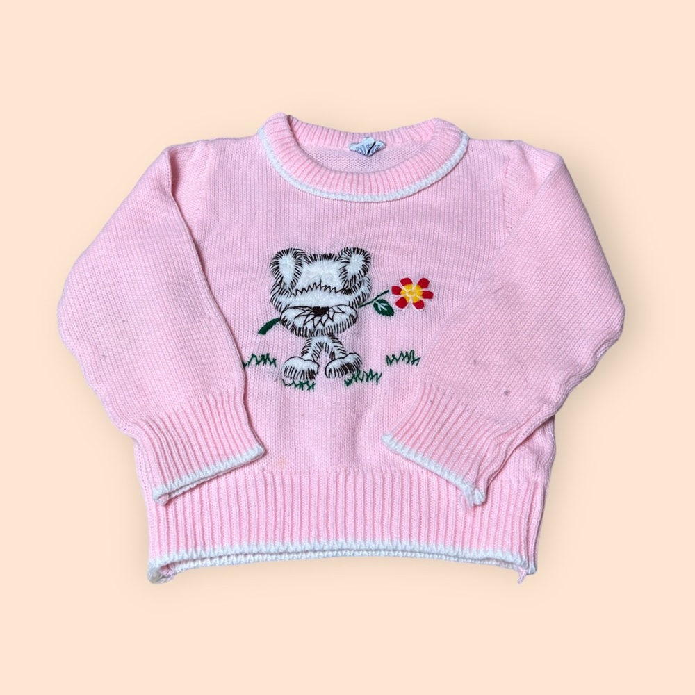 Vintage Toddler Girl Sanroy Tag Pink Cute Dog Holding Flower Crewneck Sweater